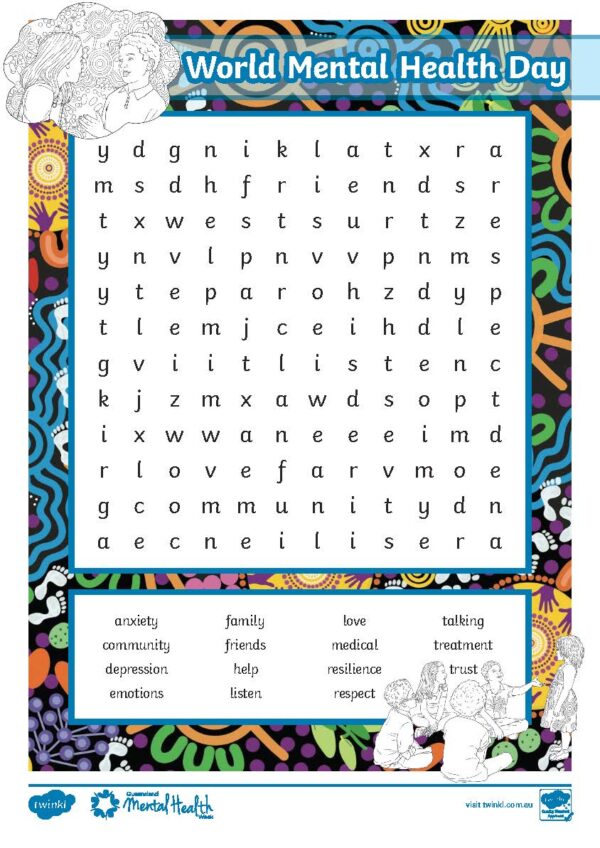 World Mental Health Day Word Search Queensland Mental Health Week